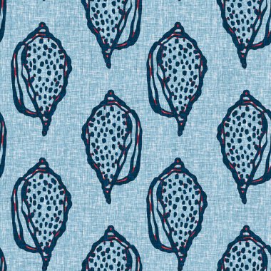Indigo Blue Seashell deniz kabuğu kusursuz desen. Klasik nantucket kumaş, tekstil, blok baskı tarzında modern deniz kabuğu baskısı. Yaz 2 ton yüksek kontrastlı jpg fayans örneği