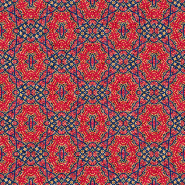 Indyjski boho summer bandana bezszwowy symetryczny wzór. Wszechstronny męski czerwony niebieski szalik nadruk w kalejdoskopowym kwiatowym stylu ozdobnym. — Zdjęcie stockowe