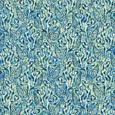 Ege Teal deniz kabuğu deniz kabuğu kusursuz desen. Grunge ev dekorasyonu kumaş tekstil ürünleri için soluk keten efekt arka planı. 