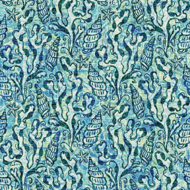 Ege Teal deniz kabuğu deniz kabuğu kusursuz desen. Grunge ev dekorasyonu kumaş tekstil ürünleri için soluk keten efekt arka planı. 