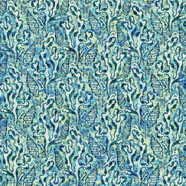 Ege Teal deniz kabuğu deniz kabuğu kusursuz desen. Grunge ev dekorasyonu kumaş tekstil ürünleri için soluk keten efekt arka planı. 