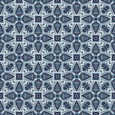 İndigo mavisi, kırmızı, batik, jeo, denizcilik, kusursuz desen. Modern marin geometrik kaleydoskop denizci baskısı. Nantucket kumaş tarzı. Yaz kırsal erkeksi aşınmış keten efekti deniz dekoru. 