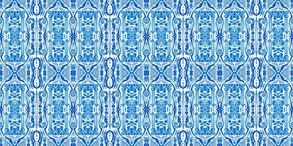 Modrá bílá akvarel azulejo dlaždice okraj pozadí. Bezešvé pobřežní geometrické květinové mozaiky efekt prapor. Ornamentální arabesque letní móda opakování okraj oříznout. — Stock fotografie