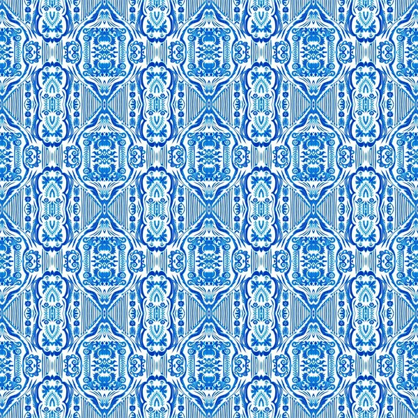 Blue white watercolor azulejos tile background. Seamless coastal geometric floral mosaic effect. Ornamental arabesque all over summer fashion damask repeat — Stock fotografie