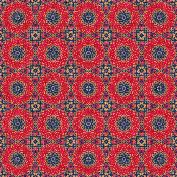 Indian boho verão bandana sem costura padrão simétrico. Cachecol azul vermelho masculino versátil estampado em estilo floral ornamental caleidoscópico. — Fotografia de Stock