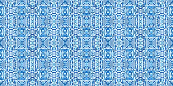 Blue white watercolor azulejo tile border background. Seamless coastal geometrical floral mosaic effect banner. Ornamental arabesque summer fashion repeat edge trim. — Stock fotografie