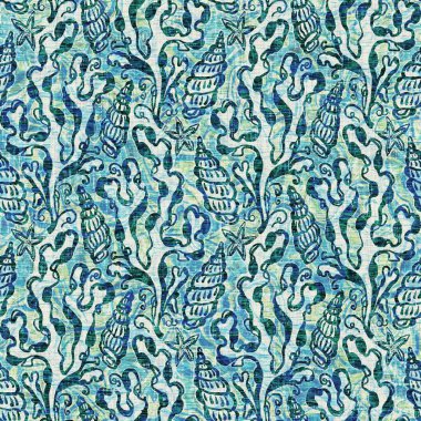 Ege Teal deniz kabuğu deniz kabuğu kusursuz desen. Grunge ev dekorasyonu kumaş tekstil ürünleri için soluk keten efekt arka planı. 