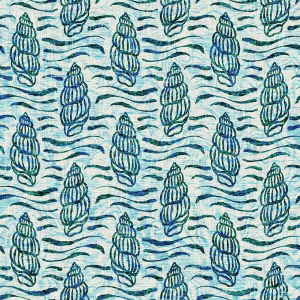 Ege Teal deniz kabuğu deniz kabuğu kusursuz desen. Grunge ev dekorasyonu kumaş tekstil ürünleri için soluk keten efekt arka planı. 