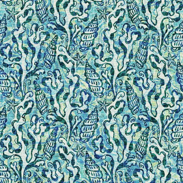 Ege Teal deniz kabuğu deniz kabuğu kusursuz desen. Grunge ev dekorasyonu kumaş tekstil ürünleri için soluk keten efekt arka planı. 