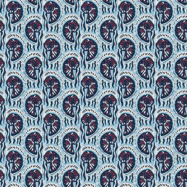 Indigo Blue Seashell deniz kabuğu kusursuz desen. Klasik nantucket kumaş, tekstil, blok baskı tarzında modern deniz kabuğu baskısı. Yaz 2 ton yüksek kontrastlı jpg fayans örneği