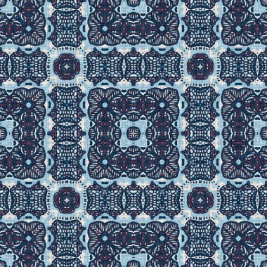 İndigo mavisi, kırmızı, batik, jeo, denizcilik, kusursuz desen. Modern marin geometrik kaleydoskop denizci baskısı. Nantucket kumaş tarzı. Yaz kırsal erkeksi aşınmış keten efekti deniz dekoru. 