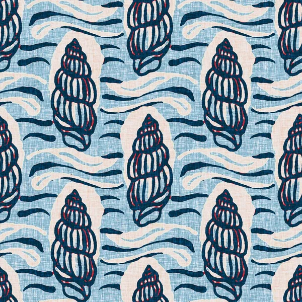 Indigo Blue Seashell tengerészeti zökkenőmentes minta. Modern tengeri shell print klasszikus nantucket szövet kézzel húzott blokk nyomtatási stílusban. Summer 2 hang nagy kontraszt jpg csempe swatch — Stock Fotó