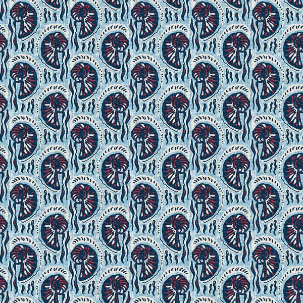 Indigo Blue Seashell deniz kabuğu kusursuz desen. Klasik nantucket kumaş, tekstil, blok baskı tarzında modern deniz kabuğu baskısı. Yaz 2 ton yüksek kontrastlı jpg fayans örneği