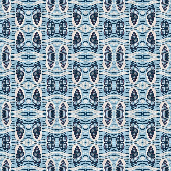 인디고 파란색 바틱 지소 바다없는 패턴이야. 현대의 마 림 대기하학적 인 칼 리도 스코프 뱃사람 이 인쇄 한다. Nantucket 직물 스타일. 여름야윈 남성 리넨을 착용 한 해양권 역. — 스톡 사진