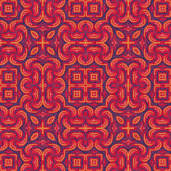 Indian boho summer bandana seamless symmetrical pattern. Versatile masculine red blue scarf print in kaleidoscopic floral ornamental style. — 스톡 사진