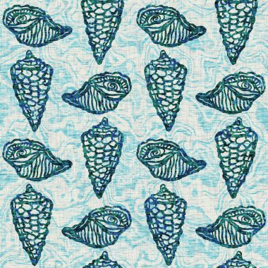 Ege Teal deniz kabuğu deniz kabuğu kusursuz desen. Grunge ev dekorasyonu kumaş tekstil ürünleri için soluk keten efekt arka planı. 
