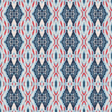 İndigo mavisi, kırmızı, batik, jeo, denizcilik, kusursuz desen. Modern marin geometrik kaleydoskop denizci baskısı. Nantucket kumaş tarzı. Yaz kırsal erkeksi aşınmış keten efekti deniz dekoru. 