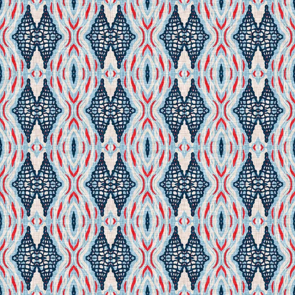İndigo mavisi, kırmızı, batik, jeo, denizcilik, kusursuz desen. Modern marin geometrik kaleydoskop denizci baskısı. Nantucket kumaş tarzı. Yaz kırsal erkeksi aşınmış keten efekti deniz dekoru. 