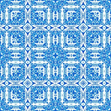 Blue white watercolor azulejos tile background. Seamless coastal geometric floral mosaic effect. Ornamental arabesque all over summer fashion damask repeat
