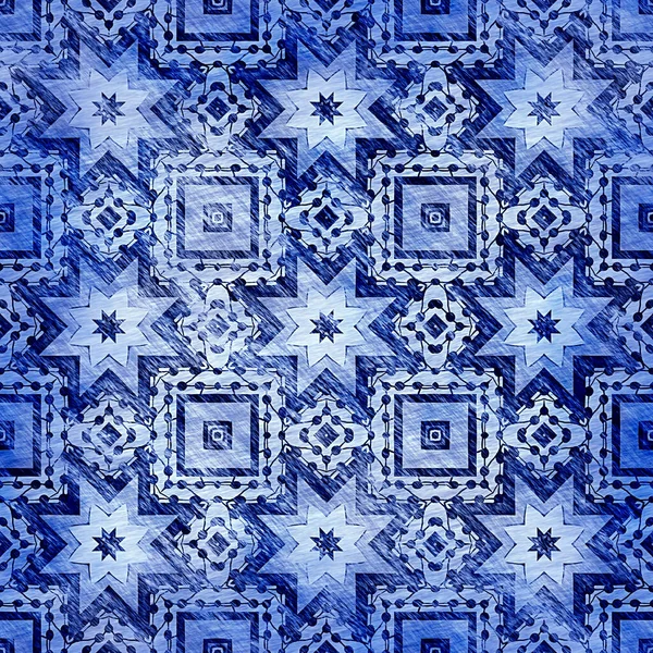 Indigo blue grunge wash linen print pattern. Modern rustic nantucket distressed fabric textile effect background in nautical maritime style. Masculine tie dye worn home deco fashion geometric design —  Fotos de Stock