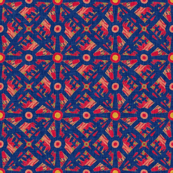 Indian boho summer bandana seamless symmetrical pattern. Versatile masculine red blue scarf print in kaleidoscopic floral ornamental style. — Photo