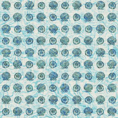 Ege Teal deniz kabuğu deniz kabuğu kusursuz desen. Grunge ev dekorasyonu kumaş tekstil ürünleri için soluk keten efekt arka planı. 