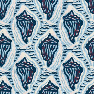 Indigo Blue Seashell deniz kabuğu kusursuz desen. Klasik nantucket kumaş, tekstil, blok baskı tarzında modern deniz kabuğu baskısı. Yaz 2 ton yüksek kontrastlı jpg fayans örneği