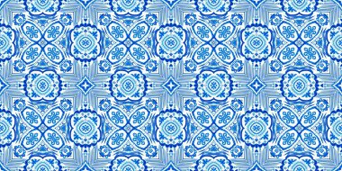 Mavi suluboya azulejo fayans kenar arkaplan. Kusursuz sahil geometrik çiçekli mozaik efekt afişi. Süslü arabesk yaz moda tekrar kenar süslemesi.