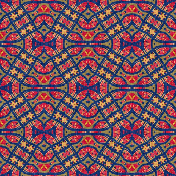 Indian boho summer bandana seamless symmetrical pattern. Versatile masculine red blue scarf print in kaleidoscopic floral ornamental style. — 스톡 사진