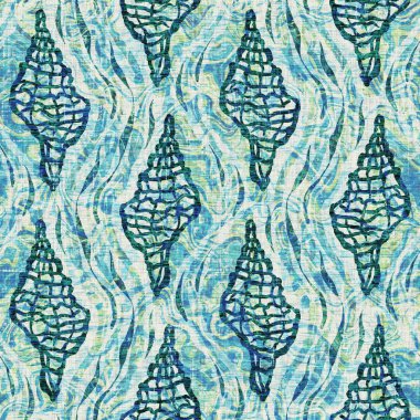 Ege Teal deniz kabuğu deniz kabuğu kusursuz desen. Grunge ev dekorasyonu kumaş tekstil ürünleri için soluk keten efekt arka planı. 