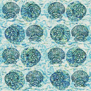 Ege Teal deniz kabuğu deniz kabuğu kusursuz desen. Grunge ev dekorasyonu kumaş tekstil ürünleri için soluk keten efekt arka planı. 