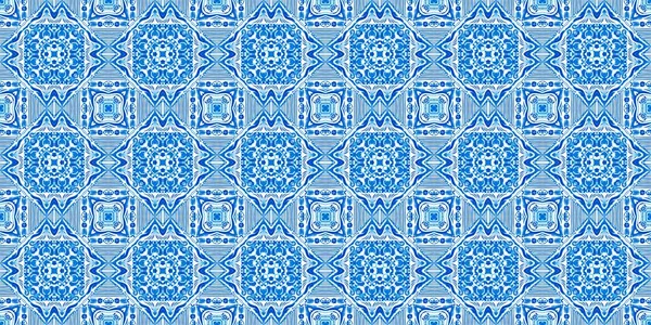 Blue white watercolor azulejo tile border background. Seamless coastal geometrical floral mosaic effect banner. Ornamental arabesque summer fashion repeat edge trim. — Stock Photo, Image