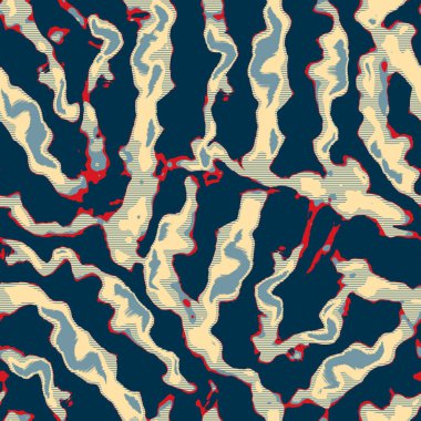 Klasik deniz mavisi, kırmızı, sarı, dikişsiz doku. Modern retro-yüzme modadan izler giyer. Memphis tarzı maskülen grunge soyut arka plan. Yüksek kaliteli jpg kumaşı.