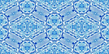  Mavi suluboya azulejo fayans kenar arkaplan. Kusursuz sahil geometrik çiçekli mozaik efekt afişi. Süslü arabesk yaz moda tekrar kenar süslemesi.