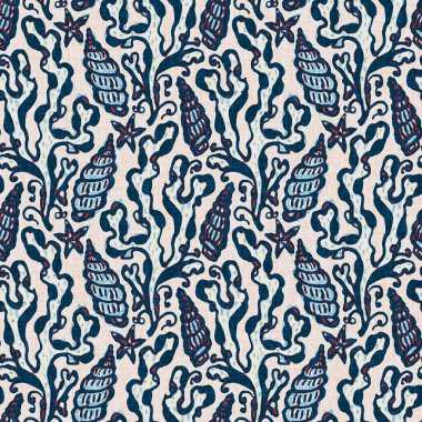 Indigo Blue Seashell deniz kabuğu kusursuz desen. Klasik nantucket kumaş, tekstil, blok baskı tarzında modern deniz kabuğu baskısı. Yaz 2 ton yüksek kontrastlı jpg fayans örneği