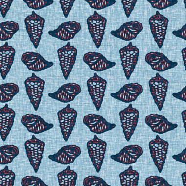 Indigo Blue Seashell deniz kabuğu kusursuz desen. Klasik nantucket kumaş, tekstil, blok baskı tarzında modern deniz kabuğu baskısı. Yaz 2 ton yüksek kontrastlı jpg fayans örneği