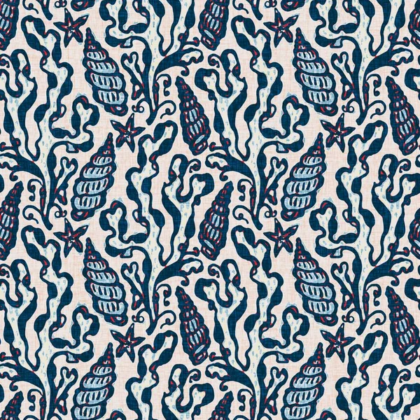 Indigo Blue Seashell ναυτική αδιάλειπτη μοτίβο. Μοντέρνο marine shell print σε κλασικό nantucket ύφασμα χειροποίητο σχέδιο μπλοκ εκτύπωσης. Καλοκαίρι 2 τόνος υψηλής αντίθεσης jpg πλακιδίων Swatch — Φωτογραφία Αρχείου