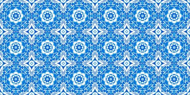 Mavi suluboya azulejo fayans kenar arkaplan. Kusursuz sahil geometrik çiçekli mozaik efekt afişi. Süslü arabesk yaz moda tekrar kenar süslemesi.