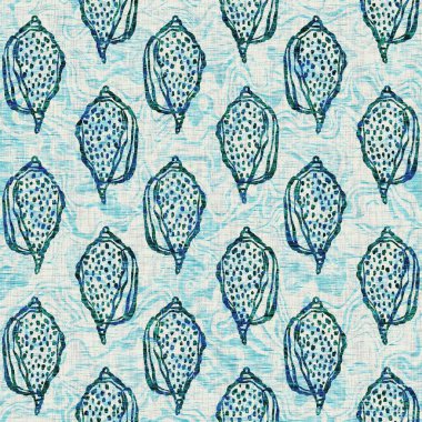 Ege Teal deniz kabuğu deniz kabuğu kusursuz desen. Grunge ev dekorasyonu kumaş tekstil ürünleri için soluk keten efekt arka planı. 