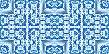  Mavi suluboya azulejo fayans kenar arkaplan. Kusursuz sahil geometrik çiçekli mozaik efekt afişi. Süslü arabesk yaz moda tekrar kenar süslemesi.