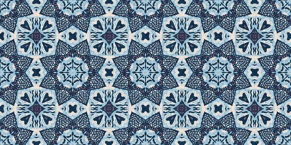 Indigo blå röd batik geo nautisk sömlös gräns mönster. Modern marin geometrisk kalejdoskop banner. Nantucket tyg textil stil. Sommar rustika maskulina slitna linne effekt kantband — Stockfoto