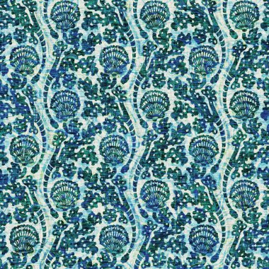 Ege Teal deniz kabuğu deniz kabuğu kusursuz desen. Grunge ev dekorasyonu kumaş tekstil ürünleri için soluk keten efekt arka planı. 