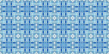 Mavi suluboya azulejo fayans kenar arkaplan. Kusursuz sahil geometrik çiçekli mozaik efekt afişi. Süslü arabesk yaz moda tekrar kenar süslemesi.