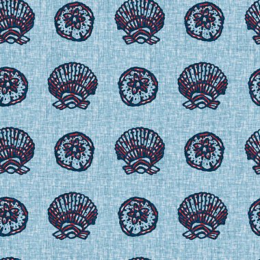 Indigo Blue Seashell deniz kabuğu kusursuz desen. Klasik nantucket kumaş, tekstil, blok baskı tarzında modern deniz kabuğu baskısı. Yaz 2 ton yüksek kontrastlı jpg fayans örneği