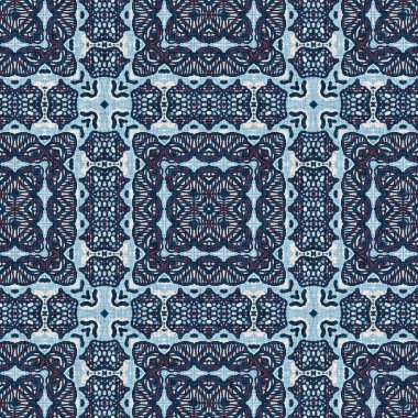 İndigo mavisi, kırmızı, batik, jeo, denizcilik, kusursuz desen. Modern marin geometrik kaleydoskop denizci baskısı. Nantucket kumaş tarzı. Yaz kırsal erkeksi aşınmış keten efekti deniz dekoru. 