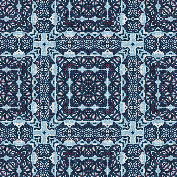 Indigo blue red batik geo nautical seamless pattern. Modern marin geometric kaleidoscope sailor print. Nantucket fabric textile style. Summer rustic masculine worn linen effect maritime decor. — Stock Photo, Image