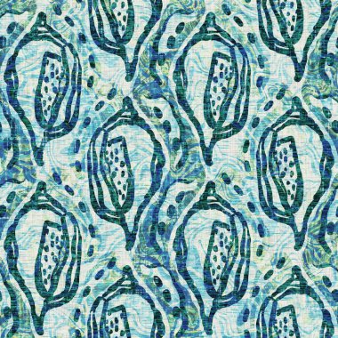 Ege Teal deniz kabuğu deniz kabuğu kusursuz desen. Grunge ev dekorasyonu kumaş tekstil ürünleri için soluk keten efekt arka planı. 