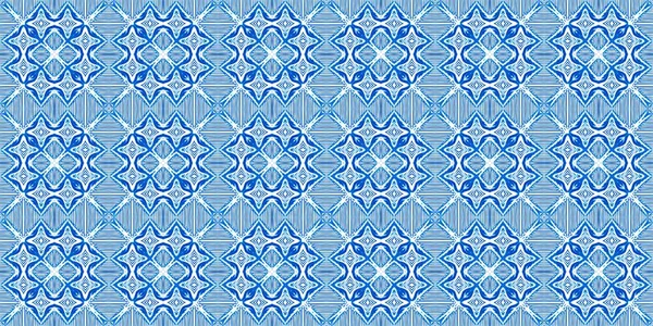 Blue white watercolor azulejo tile border background. Seamless coastal geometrical floral mosaic effect banner. Ornamental arabesque summer fashion repeat edge trim. — Stock fotografie