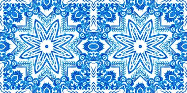  Mavi suluboya azulejo fayans kenar arkaplan. Kusursuz sahil geometrik çiçekli mozaik efekt afişi. Süslü arabesk yaz moda tekrar kenar süslemesi.