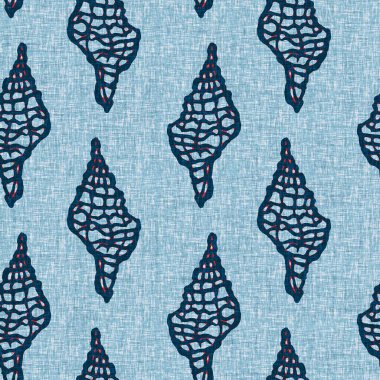 Indigo Blue Seashell deniz kabuğu kusursuz desen. Klasik nantucket kumaş, tekstil, blok baskı tarzında modern deniz kabuğu baskısı. Yaz 2 ton yüksek kontrastlı jpg fayans örneği
